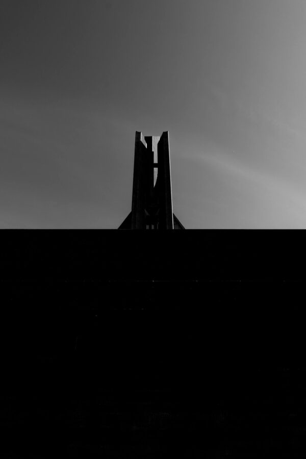 Bristol Street photography - High contrast Black and white images - Bristol Brutalist Cathedral - artistic framing.